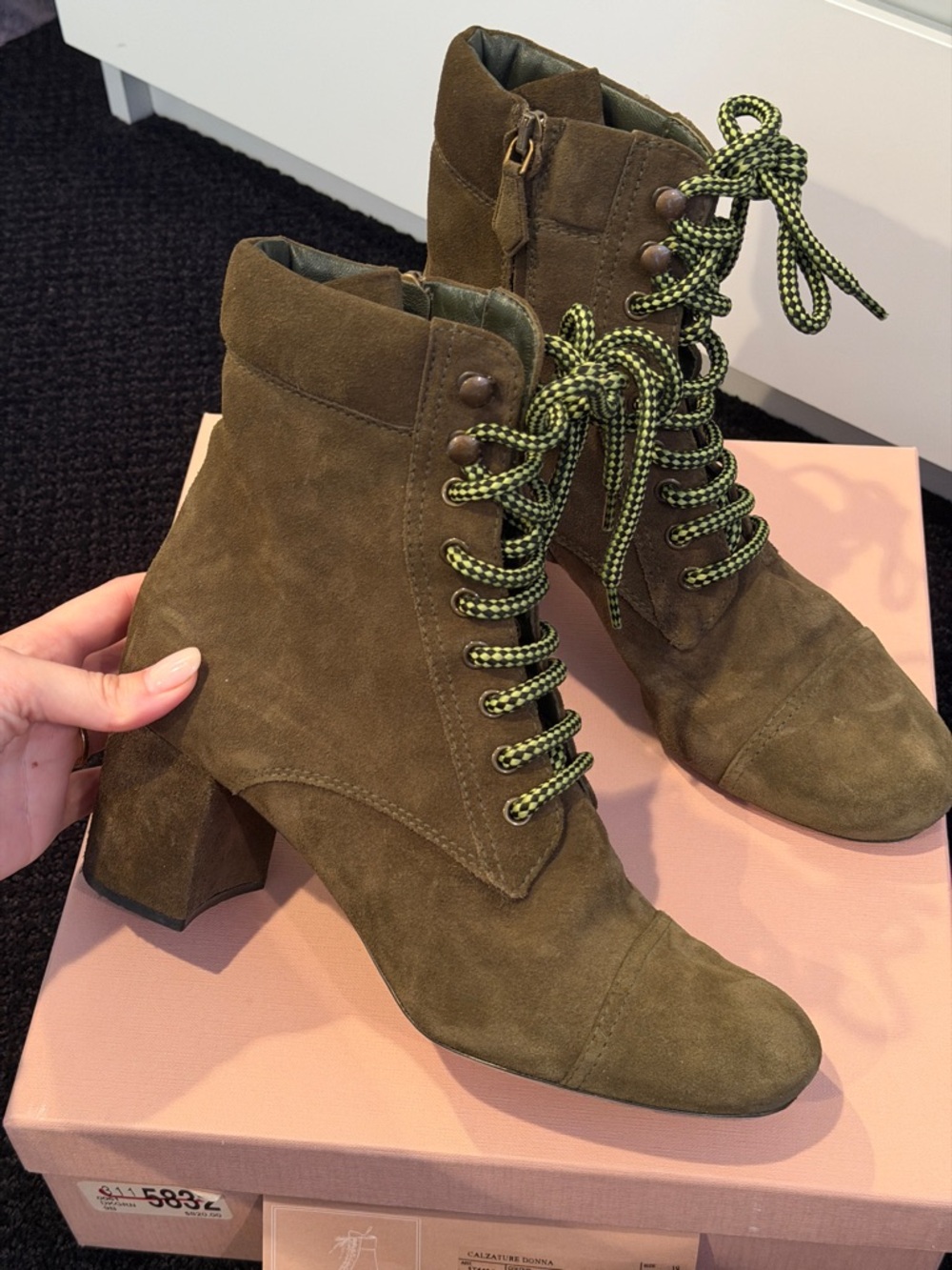 Miu Miu Olive Suede Lace-Up Block Heel Ankle Boots